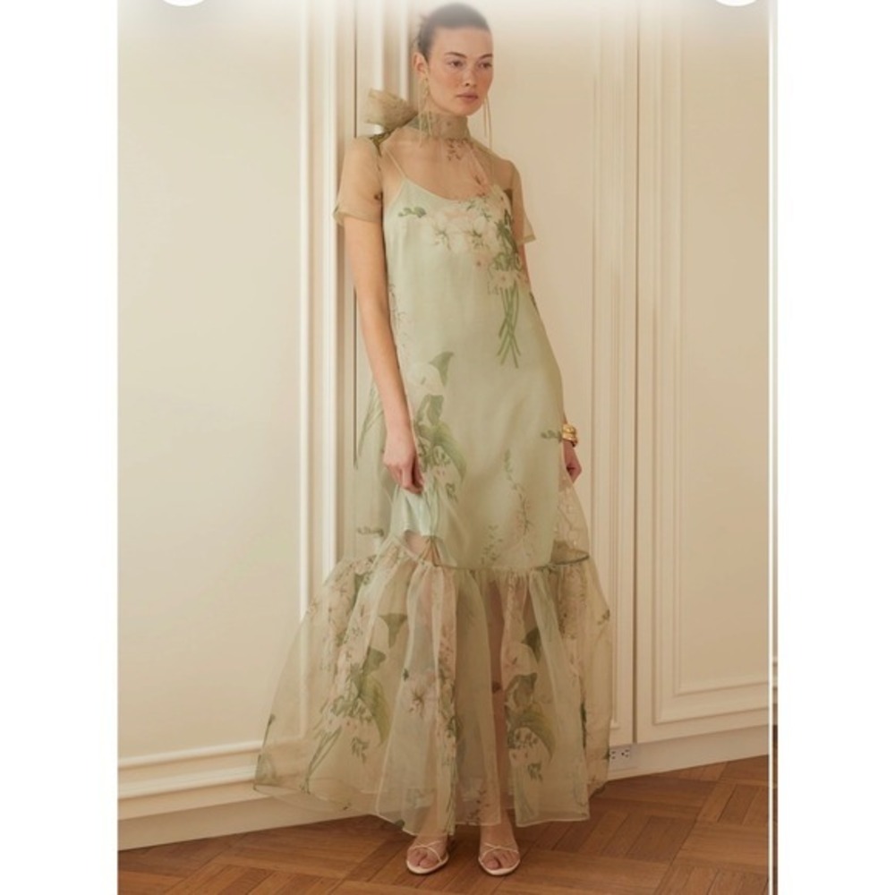 CAARA Floral Organza Sheer Maxi Dress with Slip Sage Green XL NWT